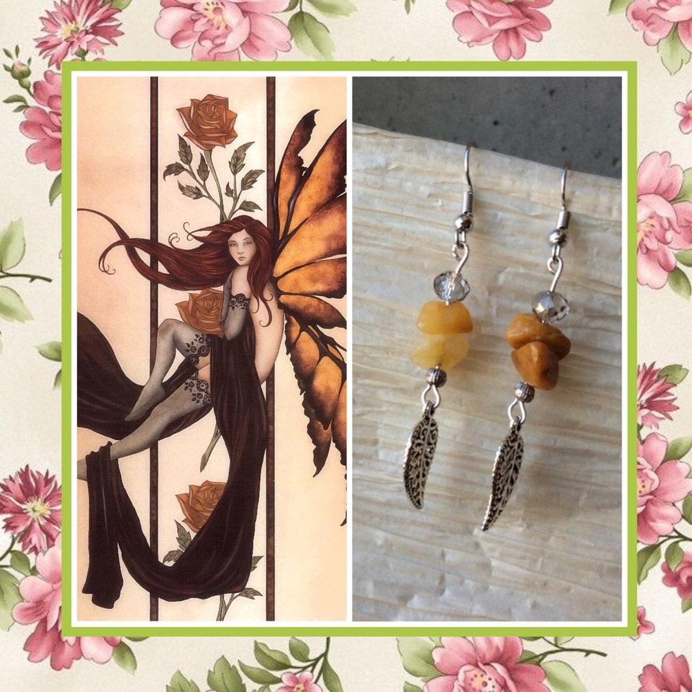 🌺RUTILATED QUARTZ METAL LEAF DANGLE EARRINGS BOHO